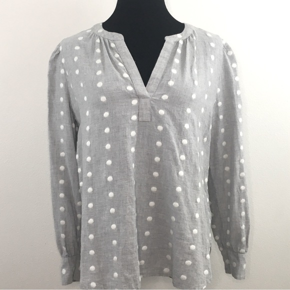 LOFT | Light Gray Blouse with Embroidered White Dots - Picture 1 of 10